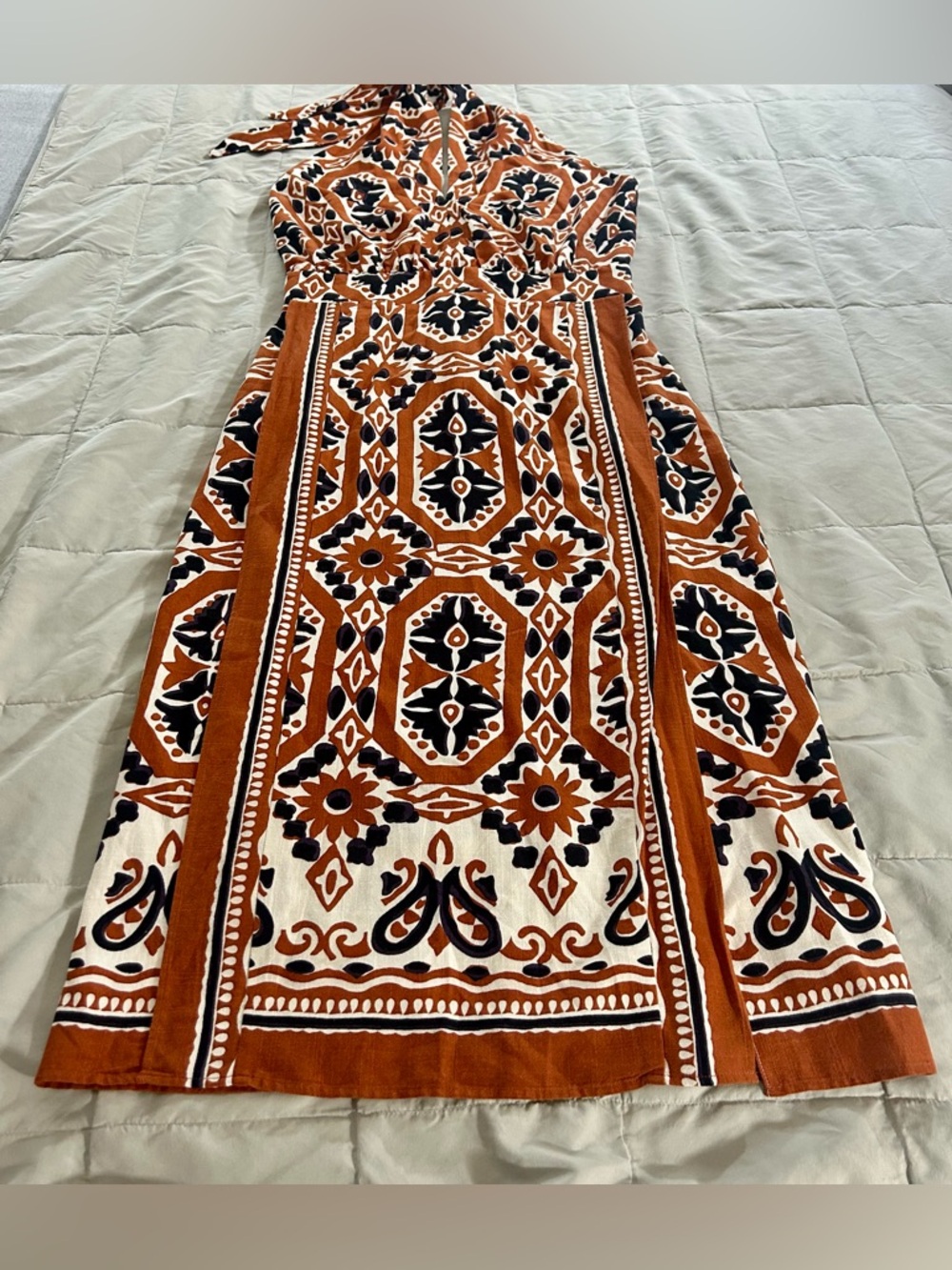 Sezane Alana Dress, Halter Midi Dress Size 42 / US 10, Rust Brown, Black, Cream - Picture 5 of 16
